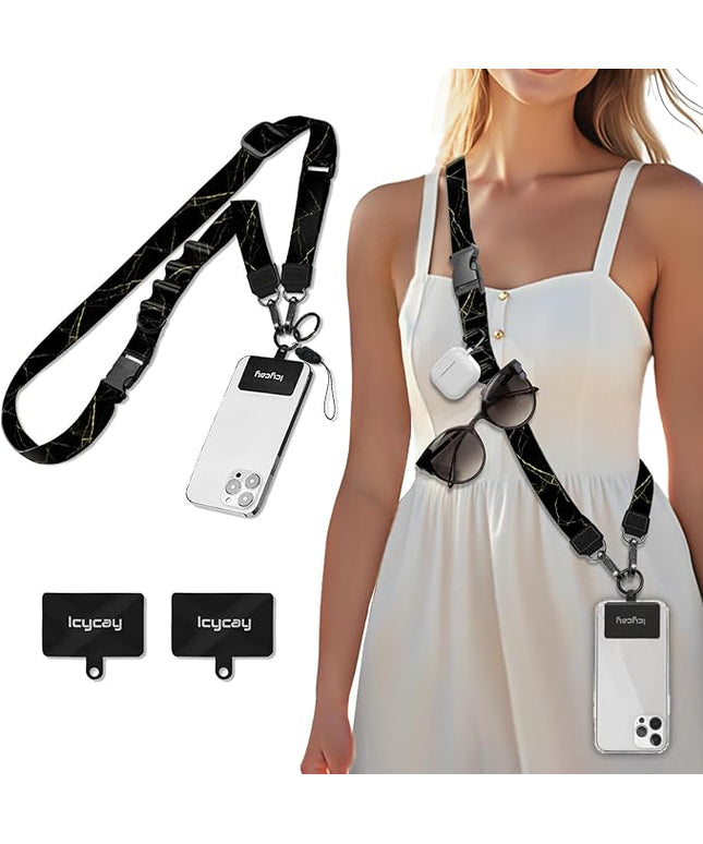 Phone Lanyard Crossbody, Black Marble Cell Phone Strap for Around The Neck Adjustable, Anti Theft Cute Lanyard for iPhone Case ID Holder Keys Accessories Travel Essential