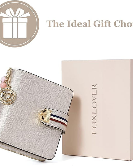 FOXLOVER Genuine Leather Zip Small Wallet Women RFID Blocking Credit Card Bifold Wallet Business Card Holder with ID Window(Gold)