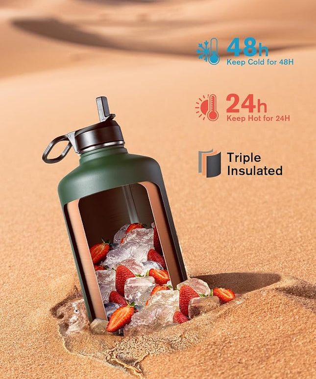 Half Gallon Water Bottle Insulated with Straw & 3 Lids, Coolflask 64 oz Water Jug Large Metal Stainless Steel Wide Mouth for Sports, Gym or Office, Non-BPA Keep Cold 48H Hot 24H, Dark Green