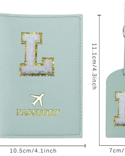 COSHAYSOO Green Passport Cover and Luggage Tag Set for Kids Teen Girls Women with Her Initial Letter, Fashionable Travel Bag Backpack Suitcase Identifier Gifts Teal L