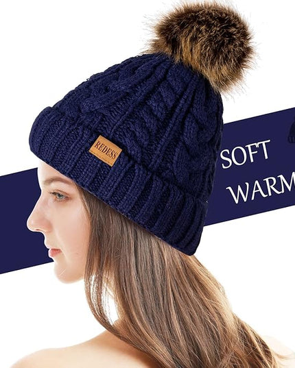 REDESS Women Winter Pompom Beanie Hat with Warm Fleece Lined, Thick Slouchy Snow Knit Skull Ski Cap