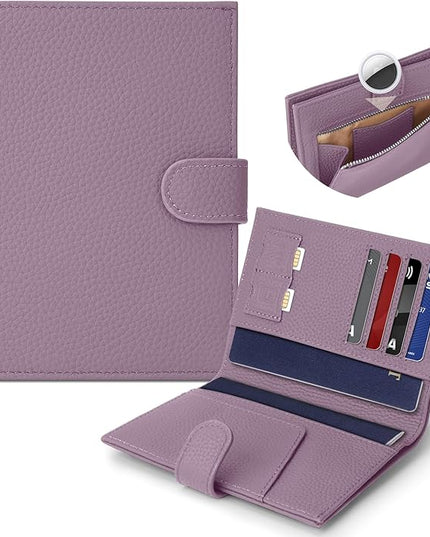 Genuine Leather Passport Holder for Women Men, Hidden Airtag Pocket, RFID Blocking, Zippered Coins Pocket & Cash Compartment Travel Gifts Essentials Passport Cover Case - Purple