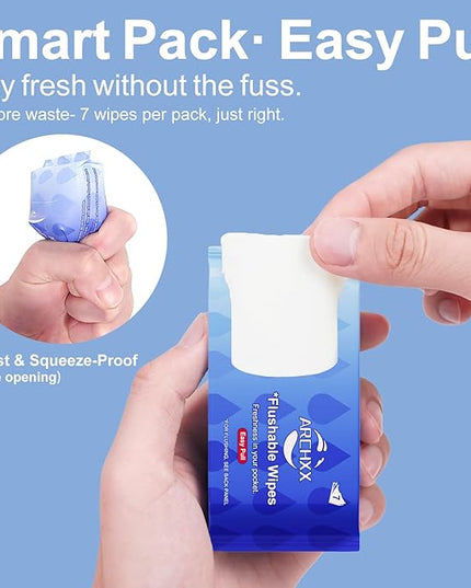 Travel Flushable Wipes for Adults & Kids, 112 Count (16 Packs of 7), Value Pack, Unscented & Hypoallergenic, Travel Essentials, Mini Wet Wipes with Aloe Vera, 99% Water, for Sensitive Skin