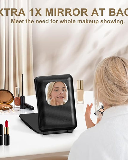Mocado Travel Makeup Mirror with Light, 1x/10x Magnifying Mirror with Light, 3 Colors Lighted Magnifying Mirror, 2000mAh Rechargeable Lighted Makeup Mirror, Dimmable Touch, Memory Function (Black