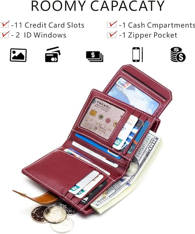 ANDOILT Wallets for Women Genuine Leather Small Bifold Wallet RFID Blocking Card Case Purse with ID Window Coin Pocket | Small, RFID Blocking, Card Case, Purse, with ID Window, Coin Pocket