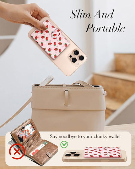 Shorogyt for Magnetic Phone Wallet Compatible with Magsafe Card Holder -Cute Luxury Slim Leather Mag Wallets for Women Fit 4 Cards,for iPhone 17/16/15/14/13/12 Series for Apple RFID Magnet, Strawberry