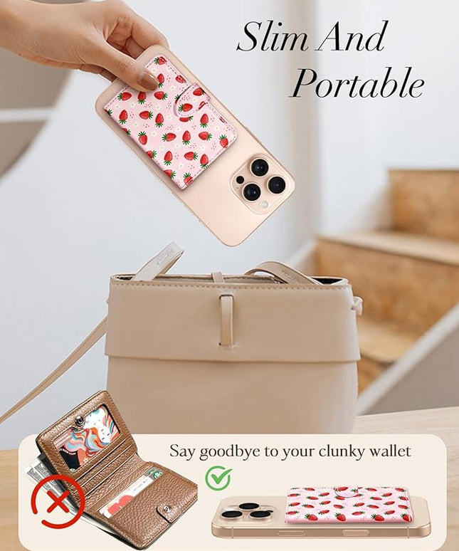 Shorogyt for Magnetic Phone Wallet Compatible with Magsafe Card Holder -Cute Luxury Slim Leather Mag Wallets for Women Fit 4 Cards,for iPhone 17/16/15/14/13/12 Series for Apple RFID Magnet, Strawberry