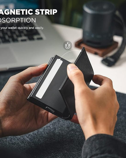 VULKIT Pop up Card Wallet Minimalist Cash Wallets RFID Blocking Leather Smart Credit Card Holder with ID window for Men(Black)