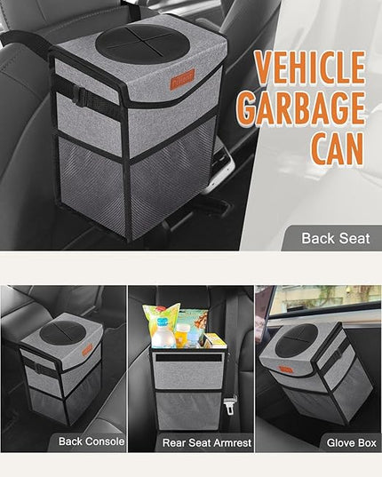 Car Trash Can with Lid, Cute Leakproof Car Trash Garbage Bag Hanging Vehicle Trash Bin Small Portable Automotive Garbage Cans Organizer for Back/Front Seat/Console(Trapezoid,Grey)