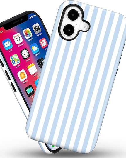Magnetic for iPhone 16 Case Cute Stripes Phone Case, Shockproof Slim TPU and Hard PC Protective Phone Cover Compatible with MagSafe Designed for Women Girls, Blue and White