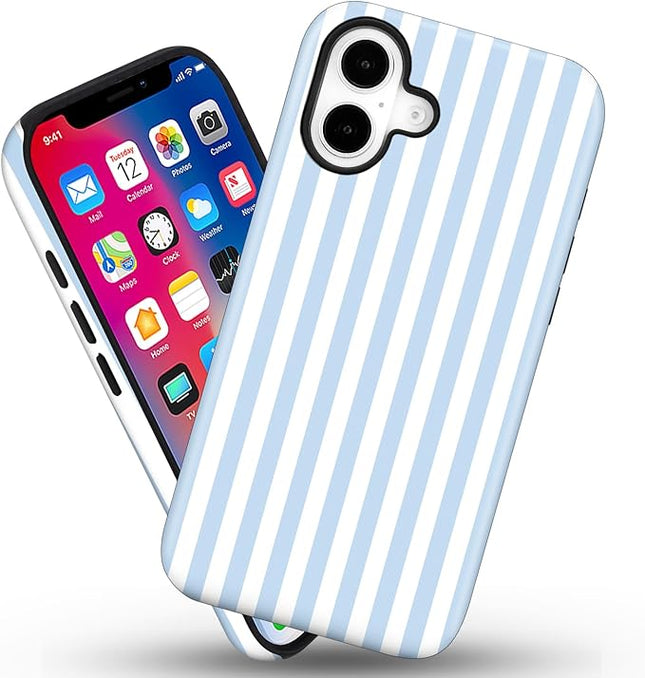 Magnetic for iPhone 17 Case Cute Stripes Phone Case, Shockproof Slim TPU and Hard PC Protective Phone Cover Compatible with MagSafe Designed for Women Girls, Blue and White