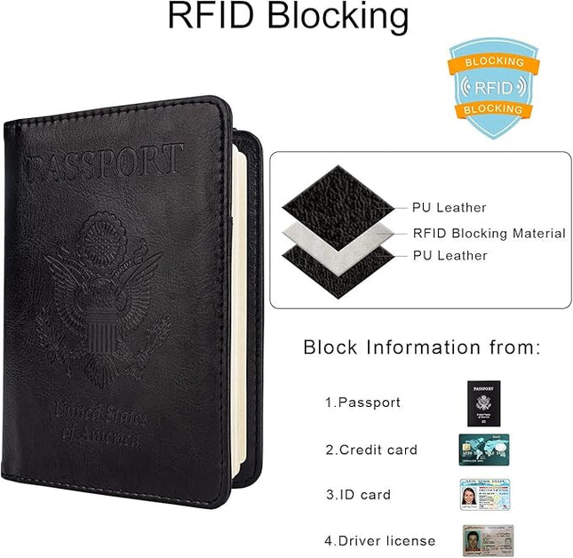 WALNEW Passport Holder for Travel, RFID Passport Cover Wallet for Women Men, PU Leather Passport Book Card Holder Case with Pen, Travelling Essentials for Flying