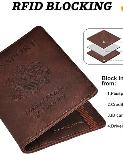 HerriaT Passport and Vaccine Card Holder Combo,Cover Case with CDC Vaccination Card Slot, Leather Travel Documents Organizer Protector, with RFID Blocking, for Women and Men