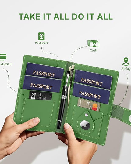 ALLIVE Genuine Leather Family Passport Wallet, Rfid Blocking Passport Holder for Travel, passport cover with AirTag Slot for Women & Men, Airport Essentials, Family Travel Gift (Avocado Green)