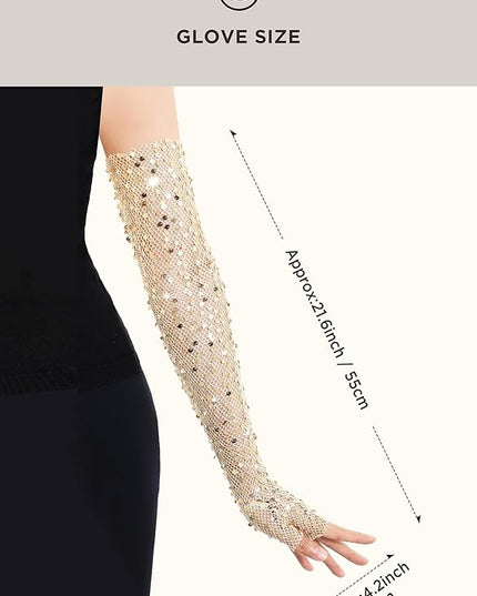 BABEYOND Opera Gloves for Women - Long Fingerless Sequin Sparkling Glitter Gloves Tea Party Stretchy Adult Size Elbow Length