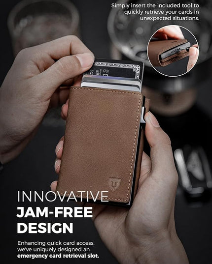 LORZOR Wallet for Men with Metal Card Holder, Pop Up Wallet, Finest Full Grain Leather Trifold Wallet, Smart, Minimalist, RFID Blocking, Front Pocket, ID Window