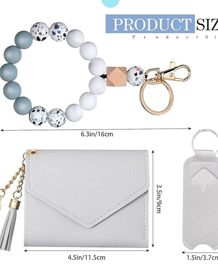Weewooday Wristlet Bracelet Keychain Wallet Gift for Women Christmas Small Silicone Beaded Keyring Purse Leather Card Holder(Gray)