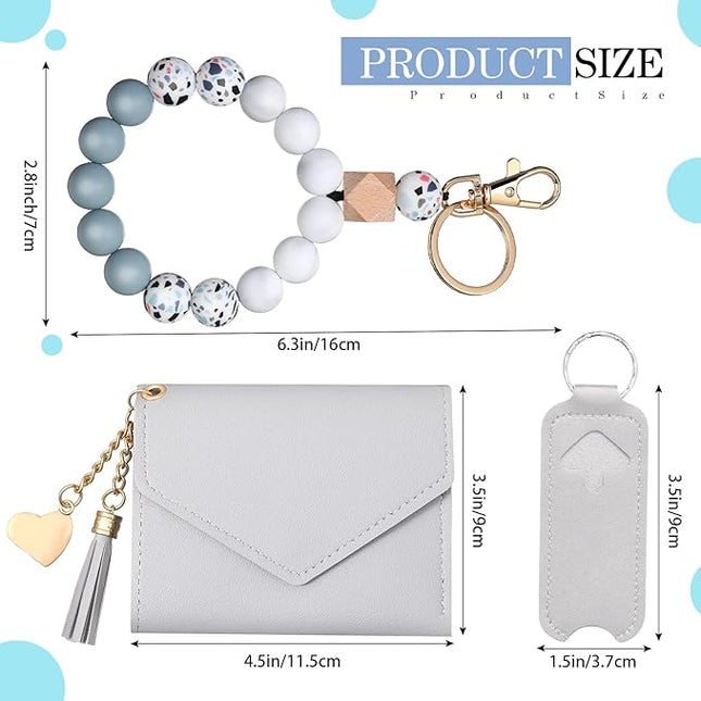 Weewooday Wristlet Bracelet Keychain Wallet Gift for Women Christmas Small Silicone Beaded Keyring Purse Leather Card Holder(Gray)