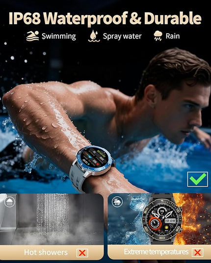 Military Smart Watch for Men(Answer/Calls),1.43''AMOLED Screen,500mAh 5ATM Waterproof,170 Sports Modes, Fitness Tracker Watch with Heart Rate/Blood Pressure/SpO2 for Android/iOS,Smartwatch Black