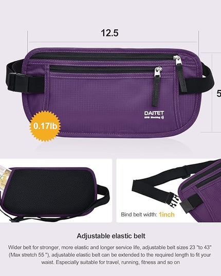 RFID Blocking Money Belt for Men Women, Slim Fanny Pack For Travel，Running,Conceal Waist Wallet For Passport Holder,Phone,Cash(Dark Purple), Dark Purple, Rfid Blocking & Belt Wide:1inch