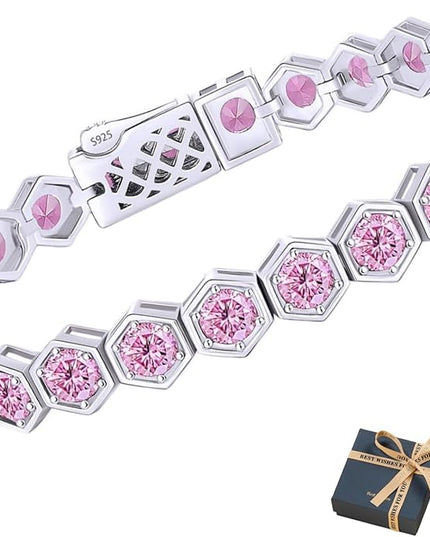 Birthstone Tennis Bracelets for Women Birthday Gifts 925 Sterling Silver Hexagon White Gold Bracelets Round Cut 5A Cubic Zirconia Prong Setting 7 Inch Anniversary Jewelry Gift
