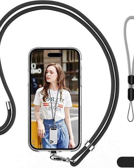 takyu Cell Phone Lanyard, Crossbody Phone Lanyard Adjustable Neck Strap and 2 Pack Phone Wrist Strap with Phone Tether Patches for Most Smartphones-2Black+Grey
