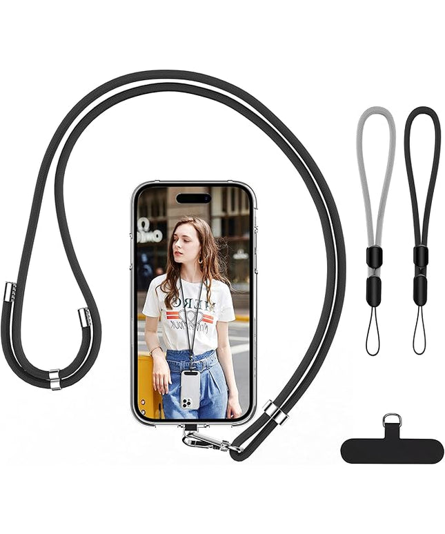 takyu Cell Phone Lanyard, Crossbody Phone Lanyard Adjustable Neck Strap and 2 Pack Phone Wrist Strap with Phone Tether Patches for Most Smartphones-2Black+Grey