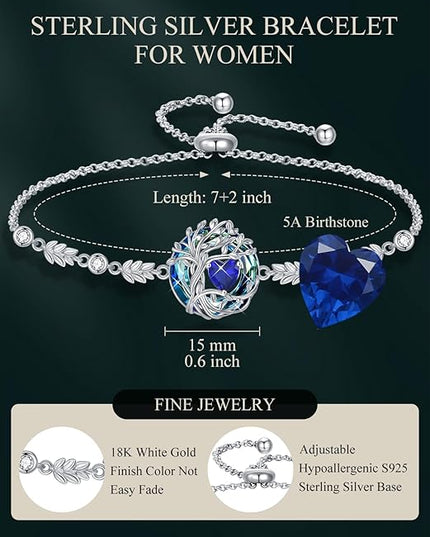 TOUPOP Tree of Life Birthstone Bracelet 925 Sterling Silver Family Tree Austrian Crystal Jewelry Anniversary Birthday Christmas Gifts for Women Wife Girlfriend Her
