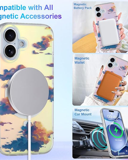 Cute Case for iPhone 17 Case for Women Girls [ Compatible with Magsafe ] Aesthetic Cloud Pattern Design, Girly Glitter Sparkly Bling Protective Phone Cover, Iridescent Sun Set Sky