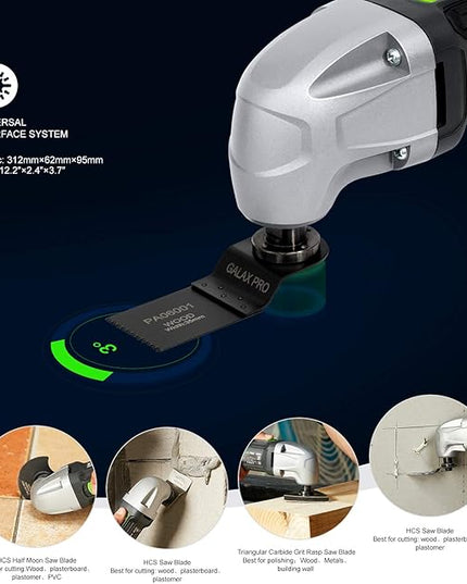 GALAX PRO 22000 OPM 1.5A Oscillating Multi Tool, 3 Degree Oscillating Angle with 3 Pieces Saw Blades, 1 Piece Semi Circle Blade Sanding Plate, 6 Pieces Sanding Papers for Grinding
