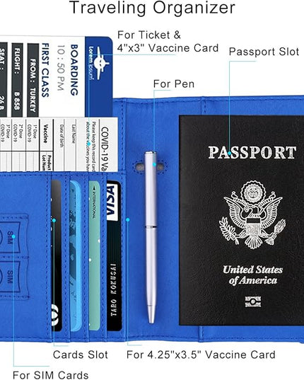WALNEW Passport Holder for Travel, RFID Passport Cover Wallet for Women Men, PU Leather Passport Book Card Holder Case with Pen, Travelling Essentials for Flying