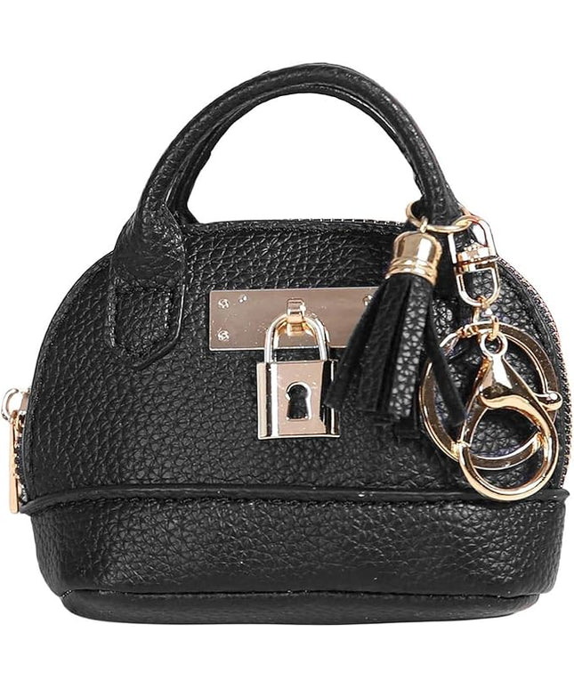 Plinvo Cute Genuine Leather Keychain Coin Purse for Women with Tassels Mini Change Pouch Brown (Black)