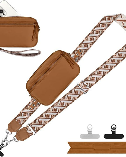 Clip and Go Strap for Phone with Wallet Crossbody, Adjustable Phone Lanyard with Detachable RFID Wristlet Wallet, Pattern Strap - Bronze(L)
