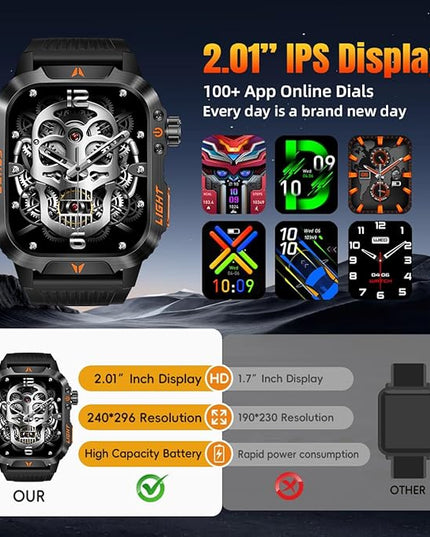 Military Smartwatch for Men, LED Flashlight Bluetooth Call IP68 Waterproof Heart Rate Blood Oxygen Sleep Tracker Fitness Pedometer Android iOS Compatible - Ideal for Hunting Hiking Extreme Sports