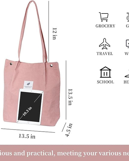 Corduroy Tote Bag Cute Tote Bags for Women Shoulder Bag with Inner Pocket for Work Beach Travel and Shopping Grocery