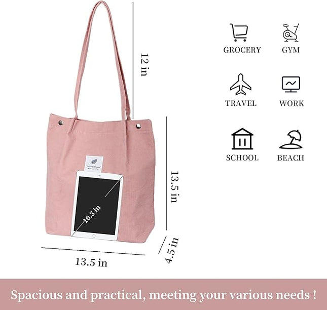 Corduroy Tote Bag Cute Tote Bags for Women Shoulder Bag with Inner Pocket for Work Beach Travel and Shopping Grocery