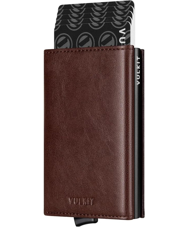 VULKIT Pop up Card Wallet Minimalist Cash Wallets RFID Blocking Leather Smart Credit Card Holder with ID window for Men (Espresso)