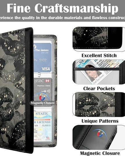 Car Registration and Insurance Holder with Magnetic Closure, Universal Document Organizer for License, Insurance Cards & Glove Box Storage (Lip print-Black)