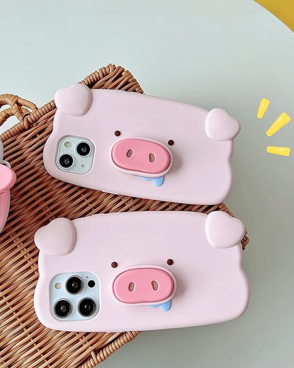 Case Compatible with iPhone 16 Pro Max,Cute 3D Kawaii Funny Pig Stand Cartoon Cover with Keychain Soft Silicone Gel Drop Protector Women Girls