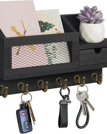 FifthQuarter Key and Mail Holder for Wall, Mail Organizer Wall Mount with 6 Hooks and Storage Drawer, Easy Installation Key Rack for Entryway and Home Decor (B-Black)