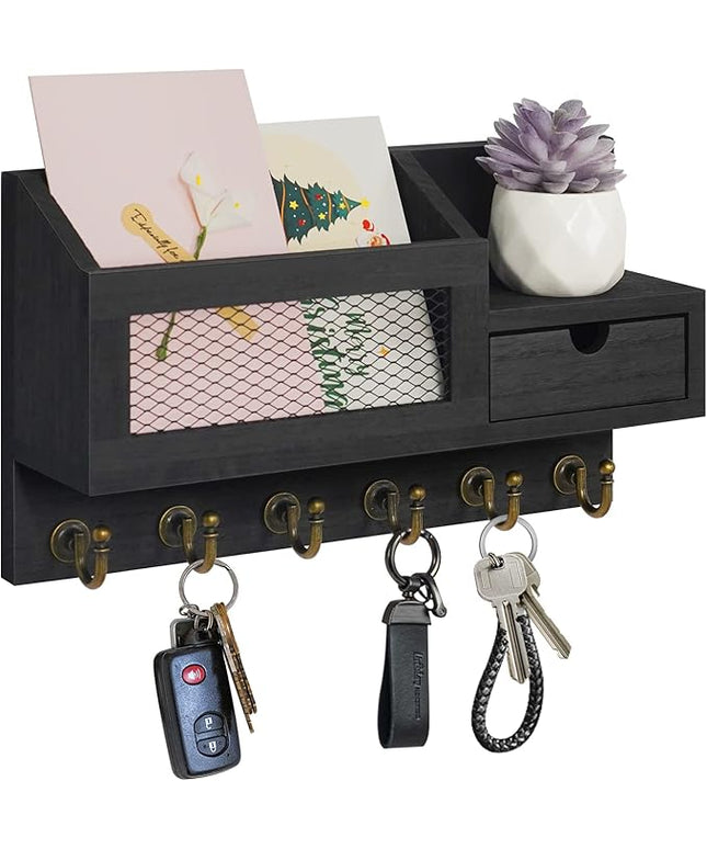 FifthQuarter Key and Mail Holder for Wall, Mail Organizer Wall Mount with 6 Hooks and Storage Drawer, Easy Installation Key Rack for Entryway and Home Decor (B-Black)