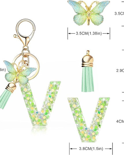 Fashion Alphabet Initial Letter Keychain Tassel Butterfly Pendant Key Ring for Purse Handbags Women Girl