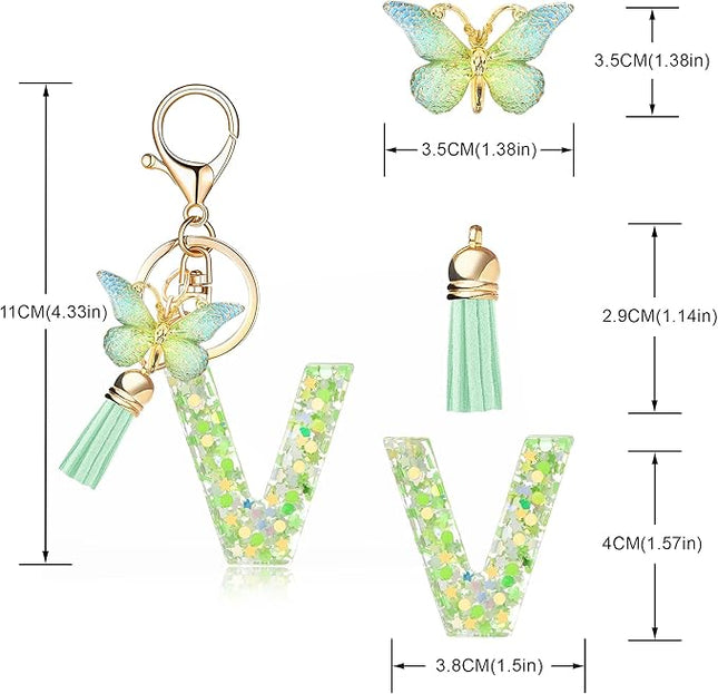 Fashion Alphabet Initial Letter Keychain Tassel Butterfly Pendant Key Ring for Purse Handbags Women Girl