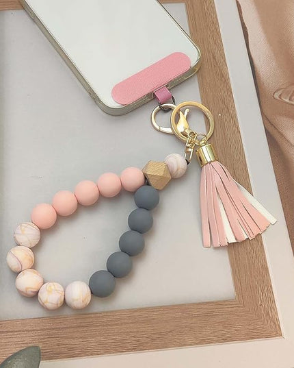 Phone Lanyard Silicone Beaded Phone Wrist Strap Cute Elastic Cell Phone Wristlet Chain Bracelet with 2 Tether Tab
