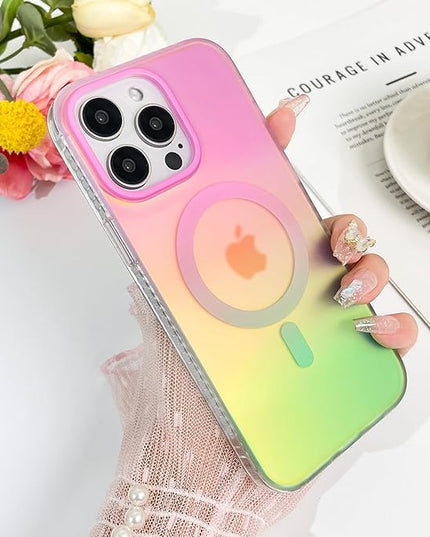 Aesthetic Case for iPhone 15 Pro Max Case for Women Girls, Compatible with Magsafe, Cute Girly Trendy Glitter Sparkly Rainbow Magnetic Protective Phone Cover, Matte Iridescent Pink & Green