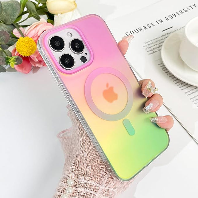 Aesthetic Case for iPhone 15 Pro Max Case for Women Girls, Compatible with Magsafe, Cute Girly Trendy Glitter Sparkly Rainbow Magnetic Protective Phone Cover, Matte Iridescent Pink & Green