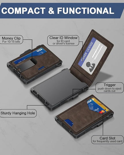 GHUKY Wallet for Men, Minimalist Slim Mens Wallet with Money Clip, RFID Blocking Smart Pop Up Card Wallet with ID Window, Compact Bifold Wallet,Metal Aluminum Credit Card Holder