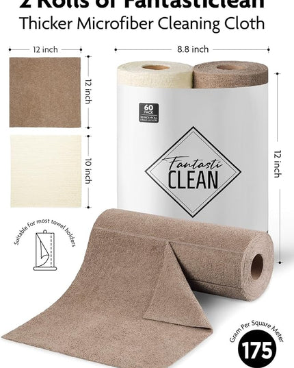 Fantasticlean Microfiber Cleaning Cloth Roll -60 Pack, Tear Away Microfiber Towels, 12" x 12", Reusable, Washable, Scratch Free, Ultra Absorbent Dishcloth for All-Around Cleaning (Beige & Tan)
