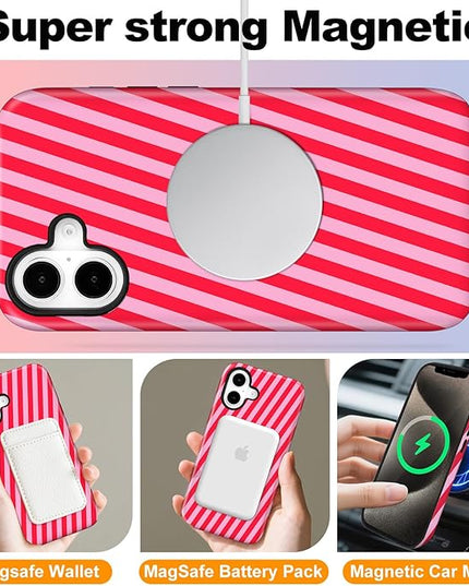 Magnetic for iPhone 17 Case Cute Diagonal Stripes Phone Case, Shockproof Slim TPU and Hard PC Protective Phone Cover Compatible with MagSafe Designed for Women Girls,Red