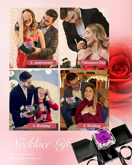 Birthday Gifts for Women, Preserved Real Roses with Heart Necklace I Love You in 100 Languages, Romantic Anniversary Wedding Gifts for Women Her Girlfriend Wife, Forever Roses Necklace Gift Box Purple